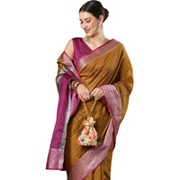AKHILAM Womens Woven Design Aura Silk Taant Saree With Unstitched Blouse Piece (Mustard_11AURA1106)