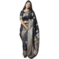 SGF11- Womens Kanjivaram Pure Soft Silk Handloom Saree Pure Golden Zari With Blouse Piece (Black)