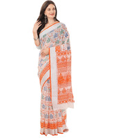 Sidhidata Womens Printed Cotton Linen Saree With Unstitched Blouse Piece (Leaf Orange_Orange_Free Size)