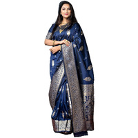 SGF11- Womens Kanjivaram Pure Soft Silk Handloom Saree Pure Golden Zari With Blouse Piece (Dark Blue)