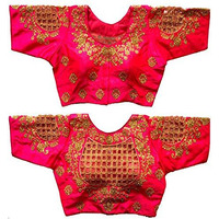 Vihu Fashion Womens Silk Floral Half Sleeve Blouse (Checks Mix_Pink_38)