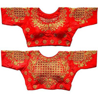 Vihu Fashion Womens Silk Floral Half Sleeve Blouse (Checks Mix_Red_38)