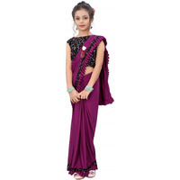 Dhyey fashion Girls Lycra Blend Ruffle Pattern Saree With Velvet Unstitched Blouse Piece