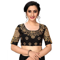 Vihu Fashion Womens Round Neck Checks Pattern Embroiderd Readymade Phantom Silk Saree Blouse (Size 38+Margin) (Black)
