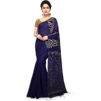 BENGAL HANDLOOM Traditional Handloom Temple border Blue Colour Saree With Blouse Piece