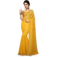 BENGAL HANDLOOM Traditional Handloom Temple border Yellow Colour Saree With Blouse Piece