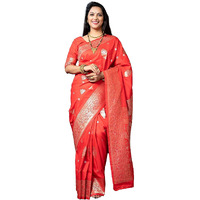 SGF11- Womens Kanjivaram Pure Soft Silk Handloom Saree Pure Golden Zari With Blouse Piece (Bright Red)