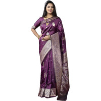 SGF11- Womens Kanjivaram Pure Soft Silk Handloom Saree Pure Golden Zari With Blouse Piece (Purple)