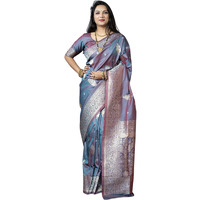 SGF11- Womens Kanjivaram Pure Soft Silk Handloom Saree Pure Golden Zari With Blouse Piece (Grey Blue)