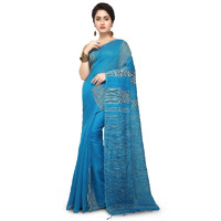 BENGAL HANDLOOM Womens Cotton Silk Sky Color Saree With Attached Blouse Piece