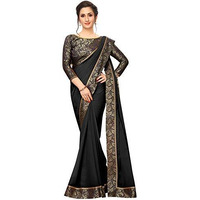Online Bazaar Womens Jacquard Georgette Saree With Un-stitched Blouse (2279_Black & Blue)