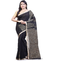 BENGAL HANDLOOM Womens Silk Black Cotton Saree With Blouse Piece
