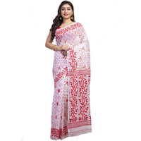 T.J. SAREES Womens Handloom Soft Dhakai Jamdani Collection Silk Blend Original Pure Reshom with Combination Saree (White)