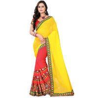 RIVA ENTERPRISE Womens Georgette Saree With Blouse Piece (4C-L3PB-XHWV_Yellow-Pink_Free Size_Yellow, Pink)