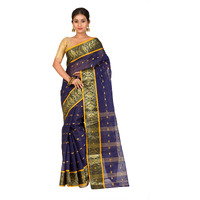 RAJ SAREE HOUSE Womens Traditional Pure Cotton Bengali Handloom Tant Saree - Without Blouse Piece (Navy Blue)