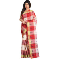 RAJ SAREE HOUSE Womens Pure Cotton Bengali Handloom Tant Print Saree without Blouse Piece - (Off White-Red)
