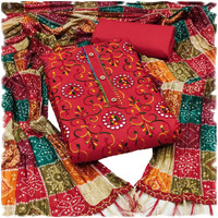 Sidhidata Womens Heavy Cotton Embroidery Work Unstitched Salwar Suit Dress Material With Bandhej/Bandhani Print Dupatta (DM Goli Mirror Red_Red_Free Size)