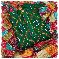 Sidhidata Womens Heavy Cotton Embroidery Work Unstitched Salwar Suit Dress Material With Chinon Bandhani Printed Dupatta (DM Mirror Green_Green_Free Size)