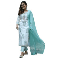 Sidhidata Womens Cotton Blend Printed Straight Kurta Pant Set With Dupatta (KPS Flower Treee Seagreeen_M_Seagreen_Medium)