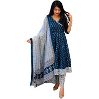 Sidhidata Womens Rayon Printed Anarkali Kurta Pant and Dupatta Set (AKL Leaf Blue_M_Blue_Medium)