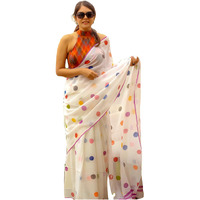 Sidhidata Womens Polka Dot Printed Linen Cotton Saree With Unstitched Blouse Piece (ST Laddu White_White_Free Size)