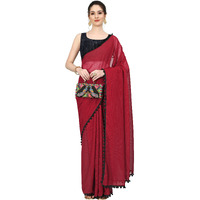 Sidhidata Womens Georgette Pom-Pom Lace Boardered Saree With Unstitched Blouse Piece (Zomato Red_Red_Free Size)
