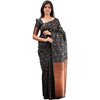 Sidhidata Womens Kanjivaram Banarasi Paithani Jacquard Silk Saree With Unstitched Blouse Piecee (Silk Golamor Black_Black_Free Size)