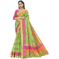 Sidhidata Womens Embroidered Cotton Linen Silver Zari Patta Saree With Unstitched Blouse Piece (Z Light Green)