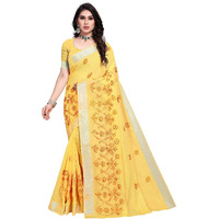 Sidhidata Womens Embroidered Cotton Linen Silver Zari Patta Saree With Unstitched Blouse Piece (A-Atrangi-Gold_Gold_Free Size)