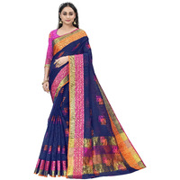 Sidhidata Womens Embroidered Cotton Linen Silver Zari Patta Saree With Unstitched Blouse Piece (Z Navy Blue)