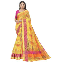 Sidhidata Womens Embroidered Cotton Linen Silver Zari Patta Saree With Unstitched Blouse Piece (Z Yellow)
