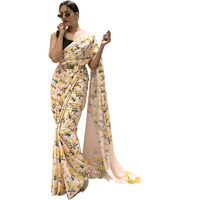 Sidhidata Womens Chiffon Georgette Printed Ready To Wear saree With Unstitched Blouse Piece (Srivalli Cream With Belt_Cream_Free Size)