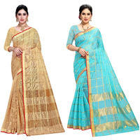 Sidhidata Womens Kota Doria Cotton Manipuri Saree With Unstitched Blouse Piece (Pack of 2) (Chiku & Sky Blue)