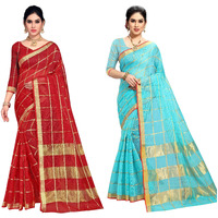 Sidhidata Womens Kota Doria Cotton Manipuri Saree With Unstitched Blouse Piece (Pack of 2) (Red & Sky Blue)