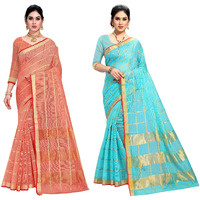Sidhidata Womens Kota Doria Cotton Manipuri Saree With Unstitched Blouse Piece (Pack of 2) (Peach & Sky Blue)
