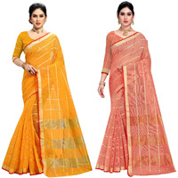 Sidhidata Womens Kota Doria Cotton Manipuri Saree With Unstitched Blouse Piece (Pack of 2) (Yellow & Peach)