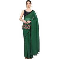 Sidhidata Womens Georgette Pom-Pom Lace Boardered Saree With Unstitched Blouse Piece (Zomato Bottle Green_Bottle Green_Free Size)