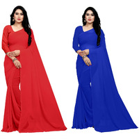 Sidhidata Textile Combo of 2 Womens plain Solid pure Georgette Saree With Unstitched Blouse Piece (Pack of Two) (Combo plain red-royal blue_Red & royal blue_Free Size)