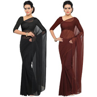 Sidhidata Textile Combo of 2 Womens Plain Solid Pure Georgette Saree with Unstitched Blouse Piece (Pack of Two) (Combo Plain Black-Coffee_Black & Coffee_Free Size)