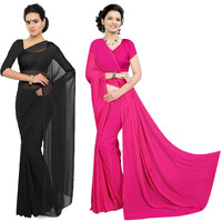 Sidhidata Womens Combo of 2 plain Georgette Saree With Unstitched Blouse Piece (Pack of Two) (Combo plain black-709_Black & Pink_Free Size)