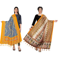 Sidhidata Womens Pack of 2 Printed Khadi Cotton Silk Dupatta With Tassels (2.25 Mtr_MultiColour)