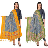 Sidhidata Womens Pack of 2 Printed Khadi Cotton Silk Dupatta With Tassels (2.25 Mtr_MultiColour)