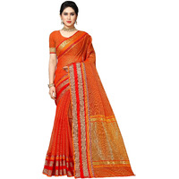 Sidhidata Womens Temple Border Kota Doria Cotton Manipuri Saree With Unstiched Blouse Piece (Kangana orange1_Orange_Free Size)