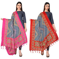 Sidhidata Womens Pack of 2 Printed Khadi Cotton Silk Dupatta With Tassels (2.25 Mtr_MultiColour)