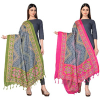 Sidhidata Womens Pack of 2 Printed Khadi Cotton Silk Dupatta With Tassels (2.25 Mtr_MultiColour)