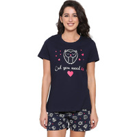 Real Basics Pajamas Womens Cotton Printed Pyjama Set (Shorts & Top) (Rb-W-Shortset-Xxl-P1-Navyowl_Navy_Xx-Large)