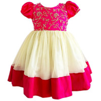 Stanwells Kids Baby Girls Frocks Knee Length Birthday Net Flared Ruffle Pattern Puff Sleeve Traditional Embroidery Western Frock Princess Birthday Dress for Girls (Pink 6-12 Months)