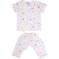 A toddler thing 100% Organic Muslin Sleepsuit | Top & Pants | Night Suit for Boys & Girls | Sleepwear Baby Products | Night Wear Rompers | Full Cover Dress | Color: Doodle Dance | White | Size- 3-6m