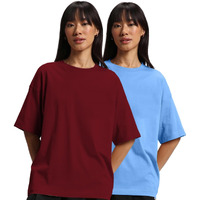 JUNEBERRY Pure Cotton Drop Shoulder Oversized Baggy Fit Half Sleeve Plain Solid Round Neck Multicolor T-Shirt for Women & Girls (Pack of 2) (PO2_OS_JB_AB_MR_XL)