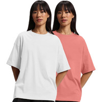 JUNEBERRY Pure Cotton Drop Shoulder Oversized Baggy Fit Half Sleeve Plain Solid Round Neck Multicolor T-Shirt for Women & Girls (Pack of 2) (PO2_OS_JB_SN_WT_L)